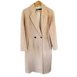 Zara size XS cream tan textured double button trench coat notched collar w/ pkts